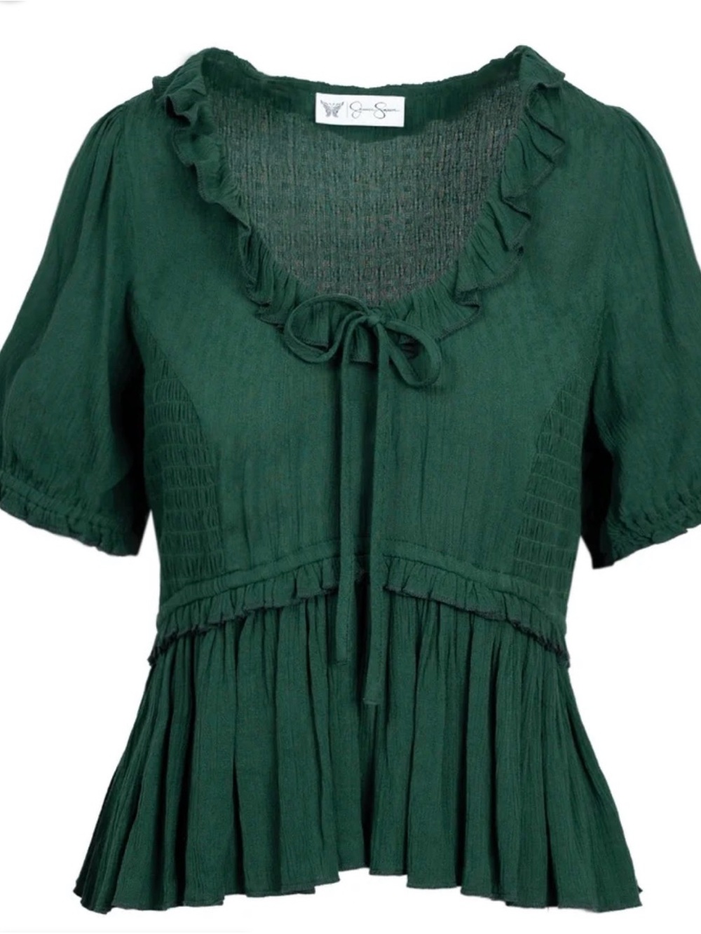 Jessica Simpson Dark Green Ruffled Tie Peplum Blouse